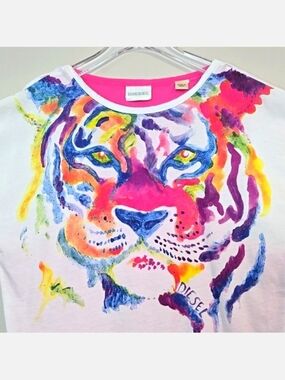 Diesel Kids Watercolour Tiger Print T-Shirt (Built-in Tank), Size 5 ~ EUC
